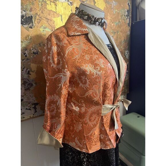 Vintage Gigi Clark Modern Couture 5/L Jacket Orange Gold Tie Front Jacquard - Picture 4 of 9